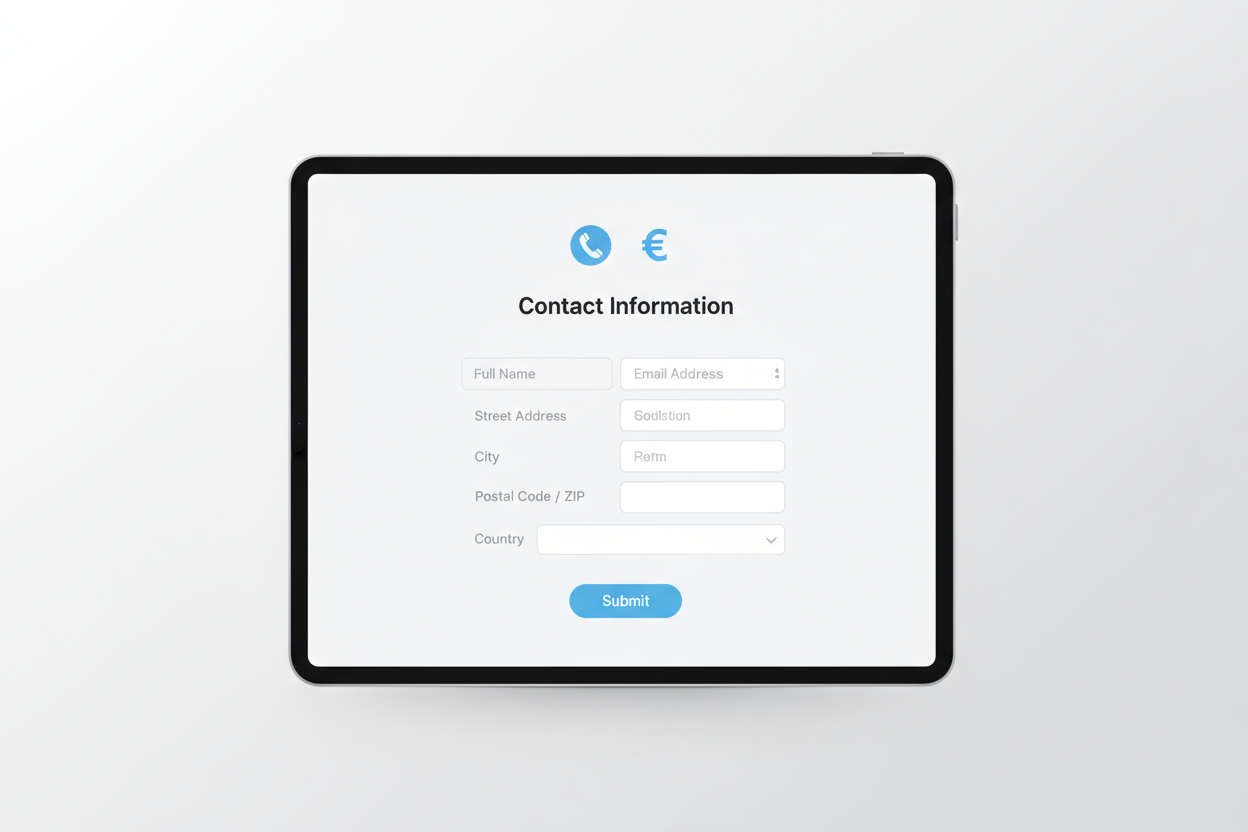 a form with different fields and above a telephone and the euro sign. icon
