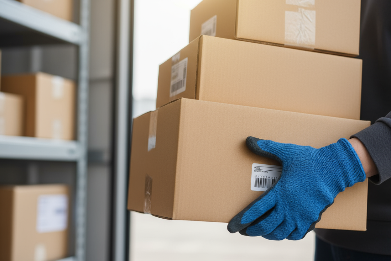 hands of a courier guy holding boxes to be delivered