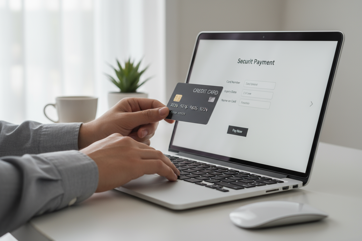 someone holding a bank card infront of a laptop ready to pay